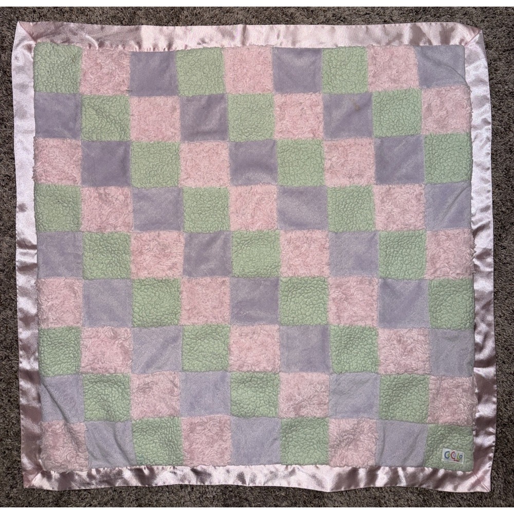 Cocalo Baby Blanket Pink Green Purple Plush Patchwork Squares Satin Trim & Back
